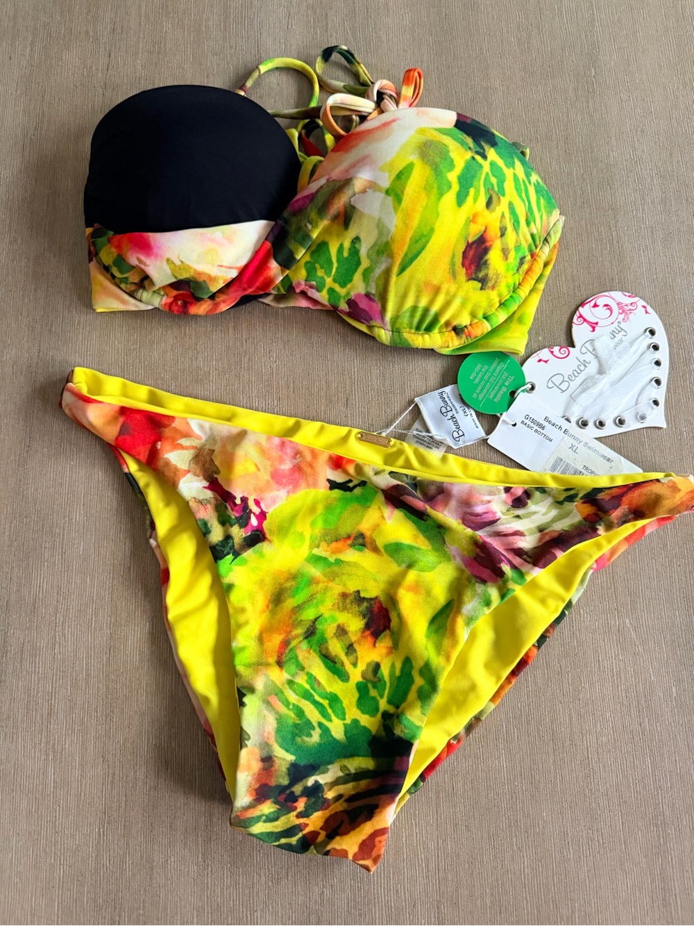 Beach bunny Floral yellow Print Bandeau Bikini Set - Large/XL - Picture 4 of 8